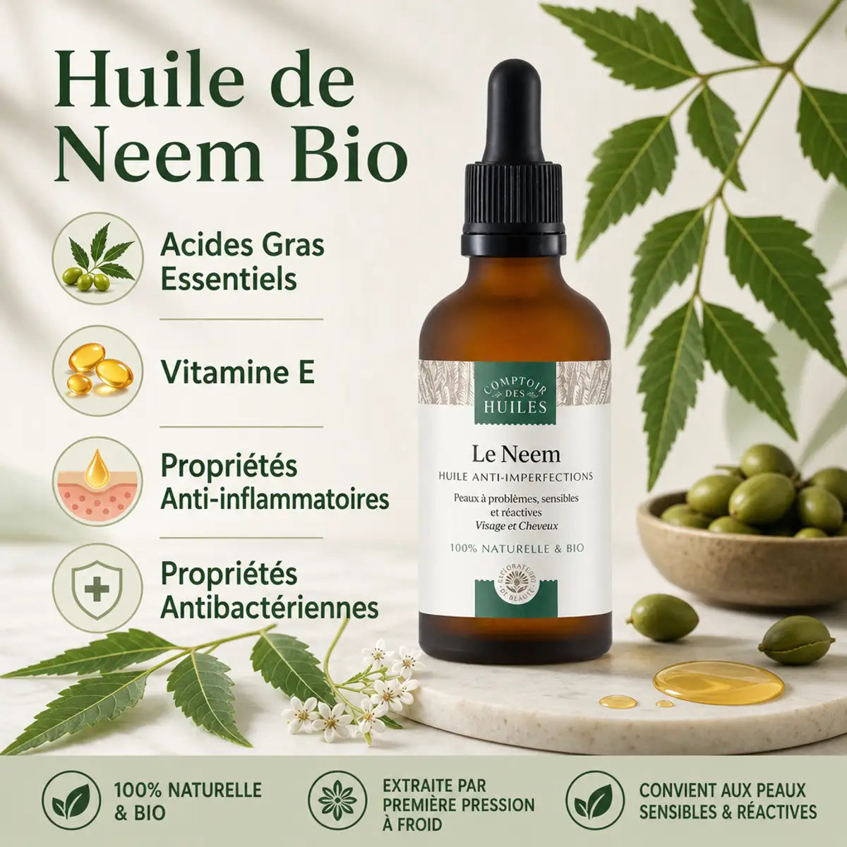 Huile de Neem BIO 50 ml anti-imperfections Comptoir des Huiles avec ingrédients naturels