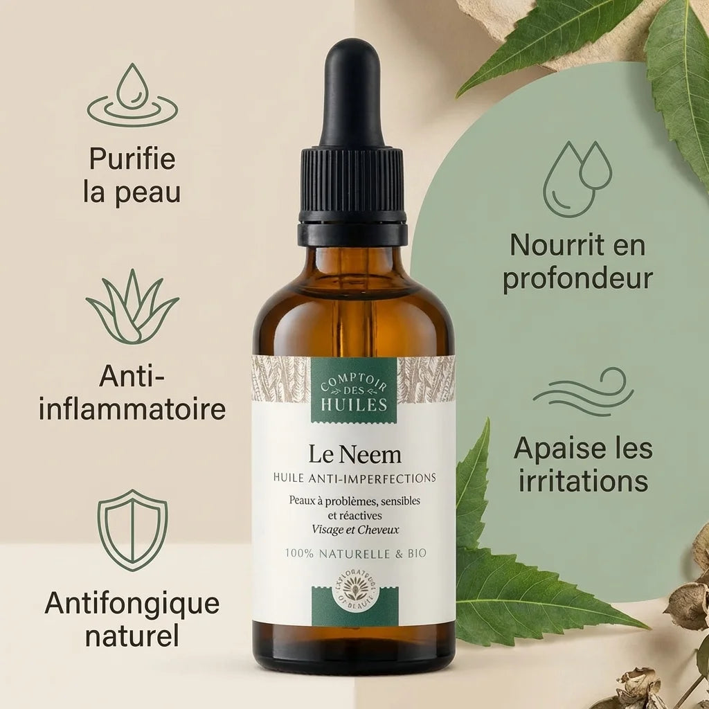 Huile de Neem BIO 50ml flacon pipette - Bénéfices peau purifie anti-inflammatoire antifongique