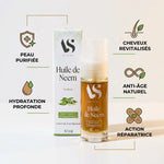 Huile de Neem Bio 30ml Arc en Sels avec infographie des bénéfits réparateurs et hydratants