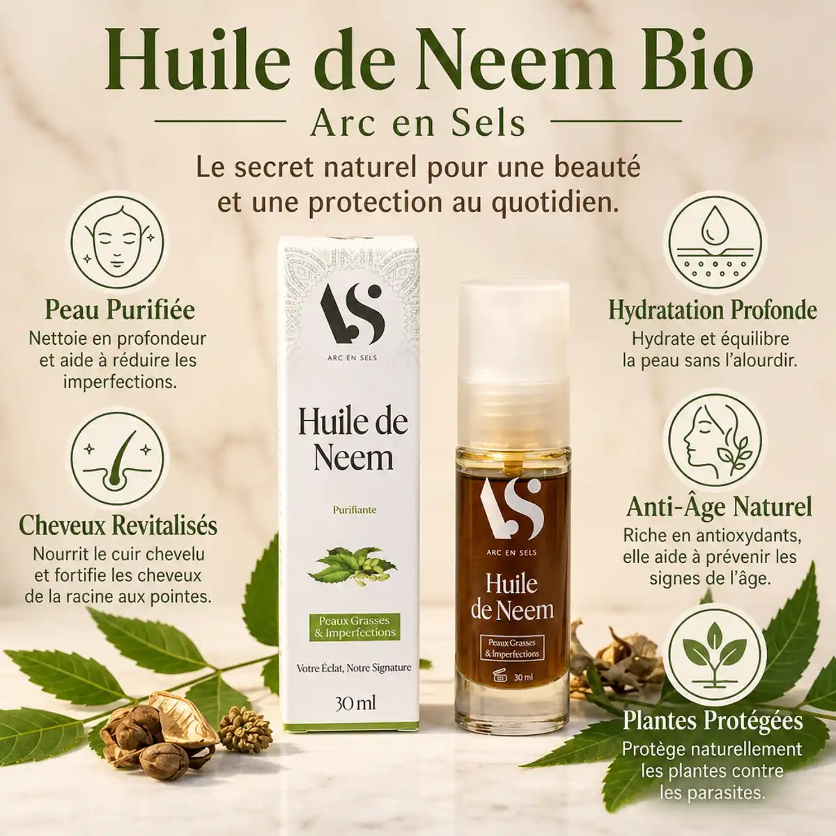 Huile de Neem Bio Arc en Sels 30ml avec feuilles de neem, bénéfices peau cheveux hydratation