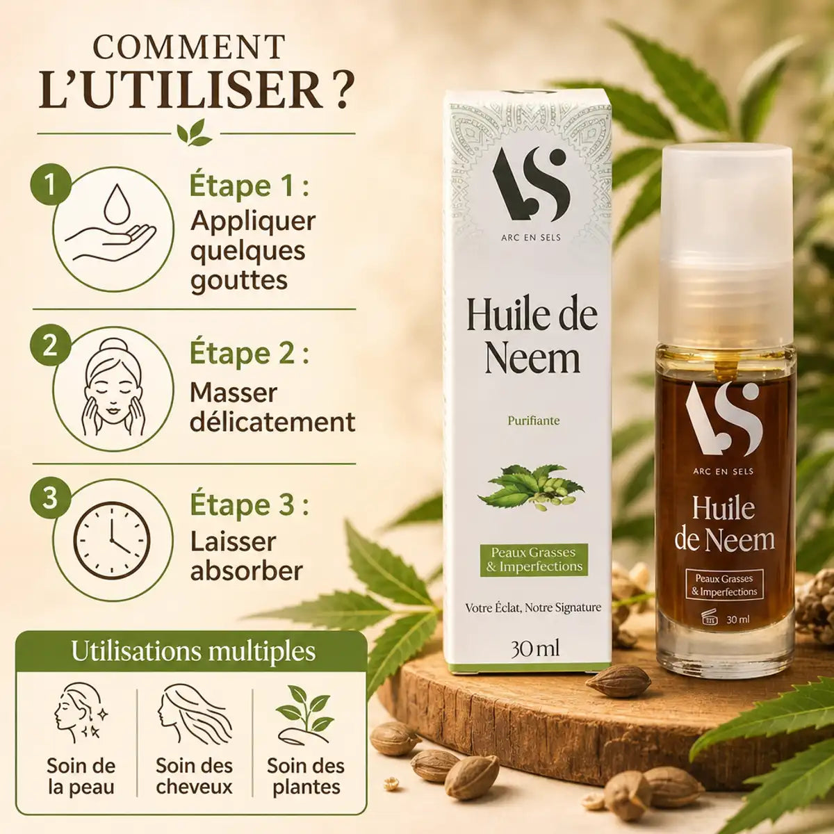 Huile de Neem Bio 30ml Arc en Sels avec guide d'utilisation et feuilles de neem