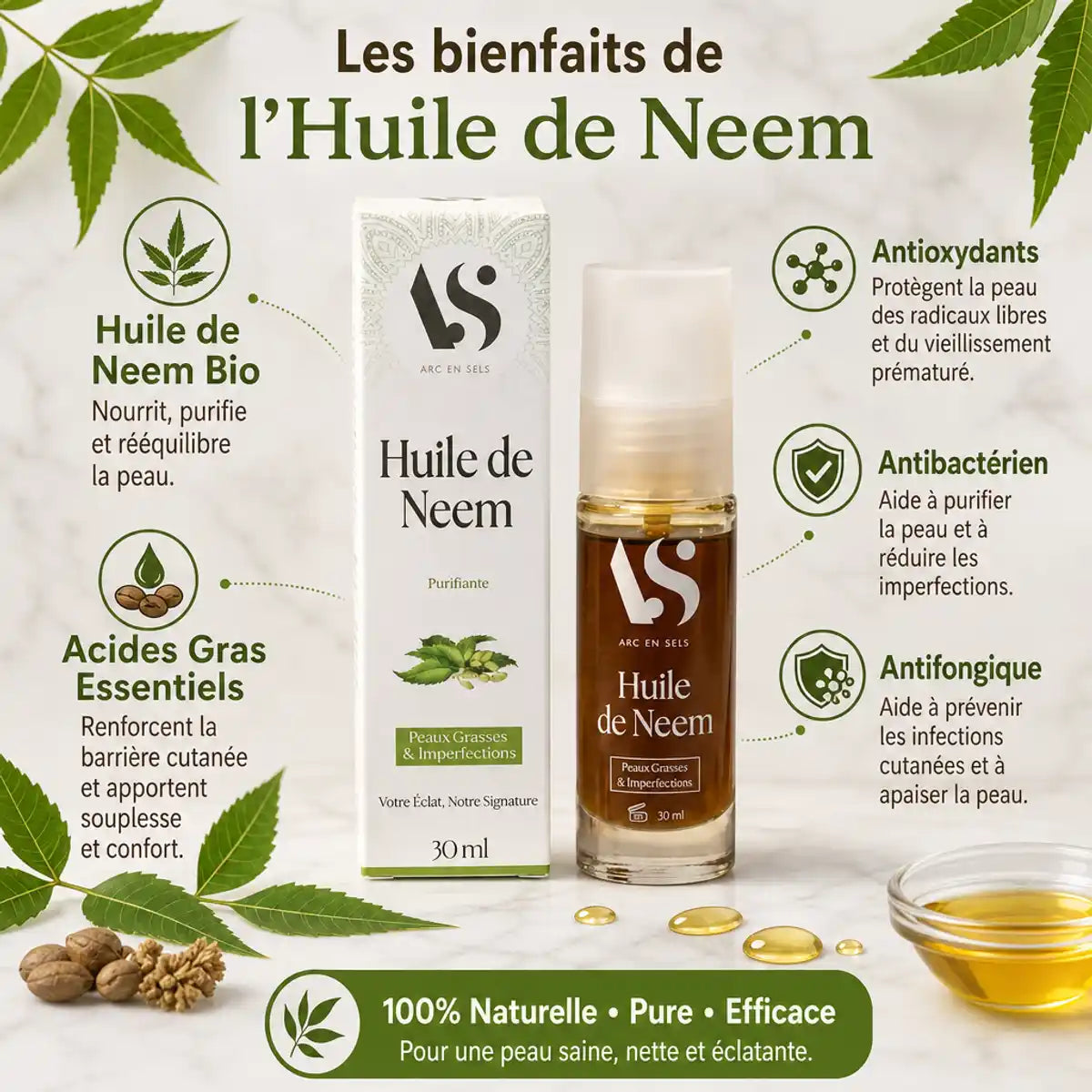 Huile de Neem Bio 30ml Arc en Sels avec ingrédients naturels et propriétés antibactériennes