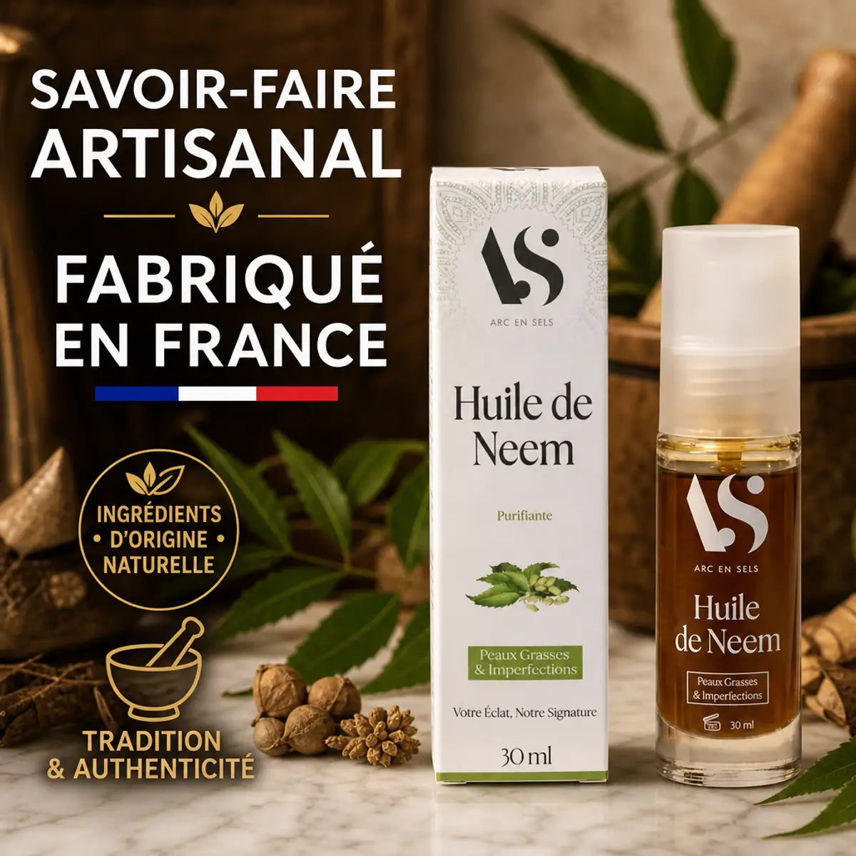 Huile de Neem Bio Arc en Sels 30ml réparatrice avec feuilles, fabrication française artisanale