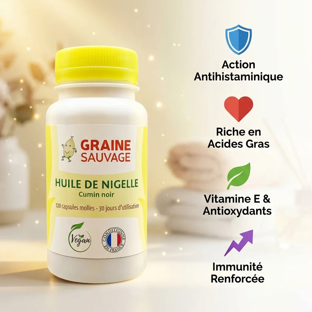 Huile de Nigelle 120 capsules Graine Sauvage avec bénéfices : antihistaminique, acides gras, antioxydants et immunité