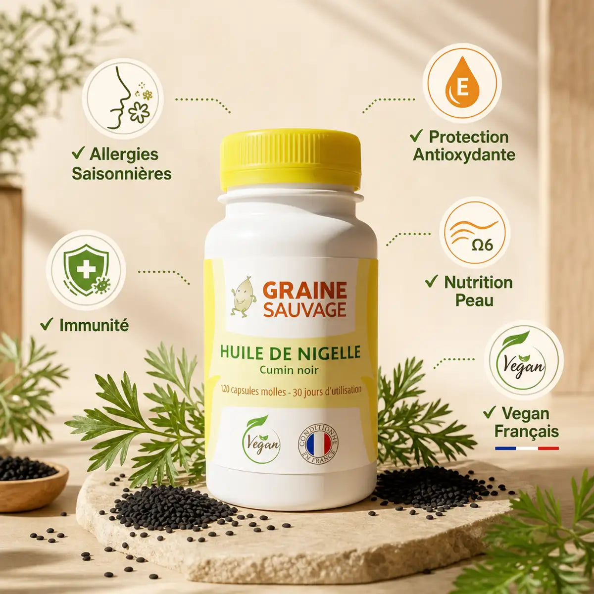 Huile de Nigelle 120 capsules Graine Sauvage avec bénéfices : allergies, antioxydants, peau, immunité