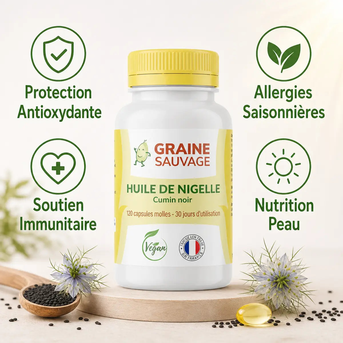 Bouteille Huile de Nigelle 120 capsules Graine Sauvage avec bénéfices : antioxydant, allergies, peau, immunité