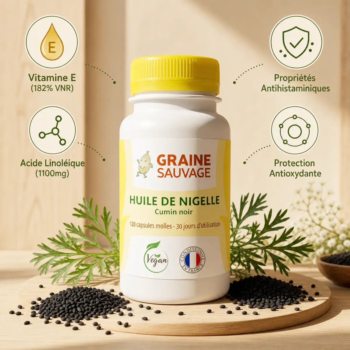Huile de Nigelle 120 capsules Graine Sauvage avec ingrédients actifs, vitamine E et acide linoléique