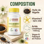 Huile de Nigelle 120 capsules Graine Sauvage avec composition, vitamine E et acide linoléique