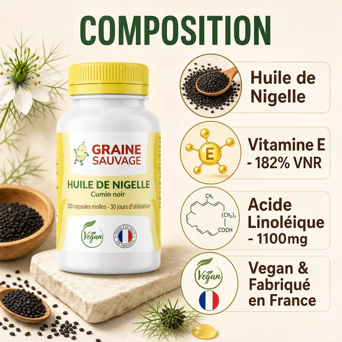 Huile de Nigelle 120 capsules Graine Sauvage avec composition, vitamine E et acide linoléique