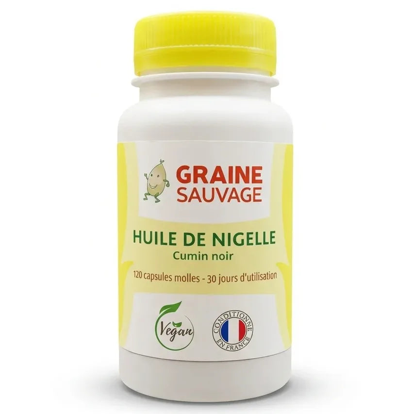 Bouteille Huile de Nigelle 120 capsules Graine Sauvage avec bouchon jaune sur fond blanc