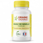 Bouteille d'Huile de Nigelle 120 capsules Graine Sauvage avec étiquette verte sur fond blanc