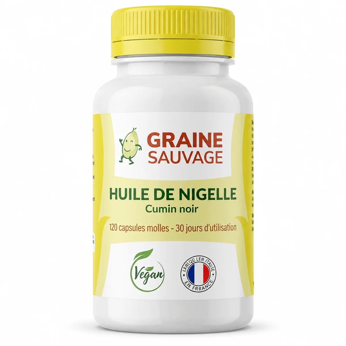 Bouteille d'Huile de Nigelle 120 capsules Graine Sauvage avec étiquette verte sur fond blanc