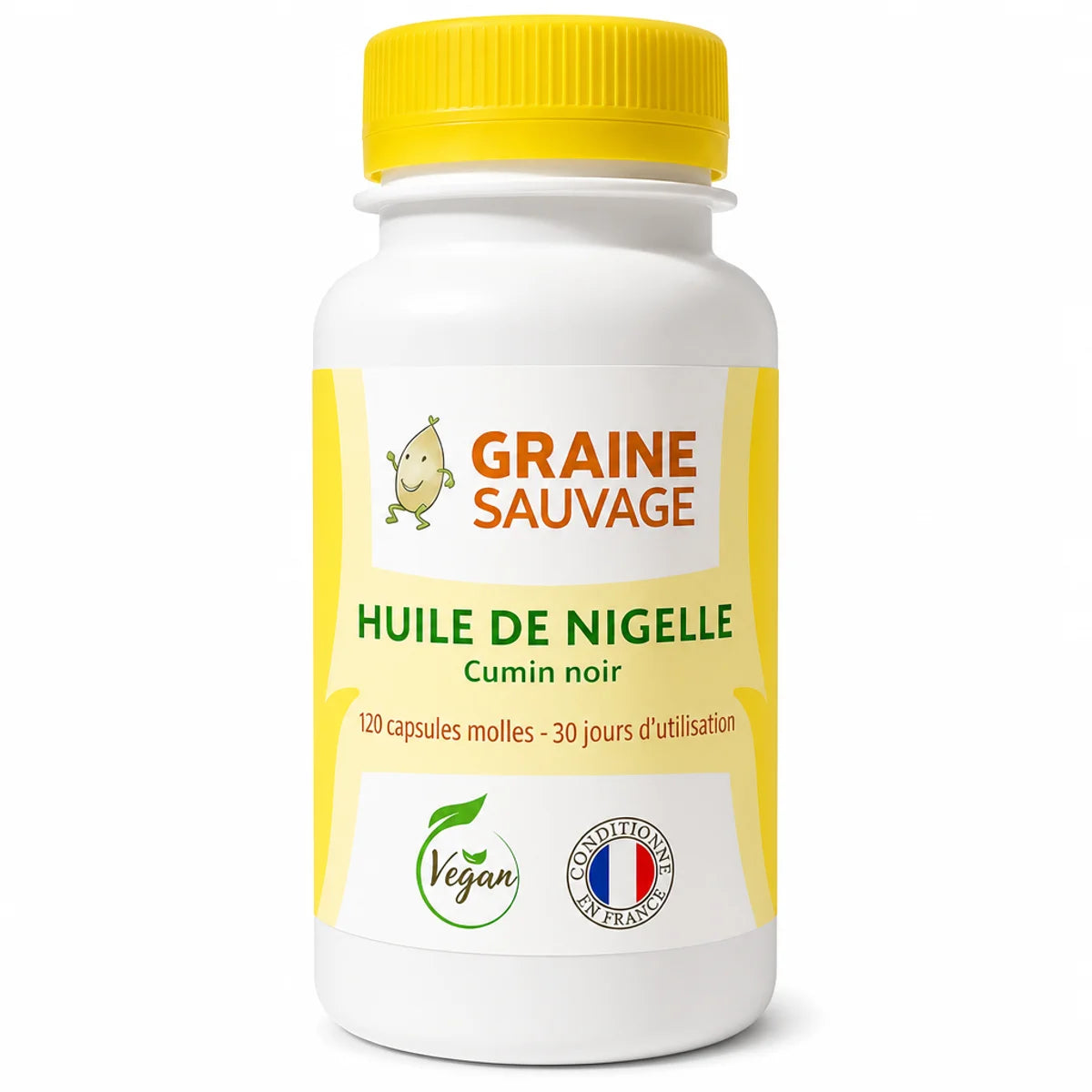 Flacon Huile de Nigelle 120 capsules molles Graine Sauvage avec étiquette orange, bouchon jaune sur fond blanc