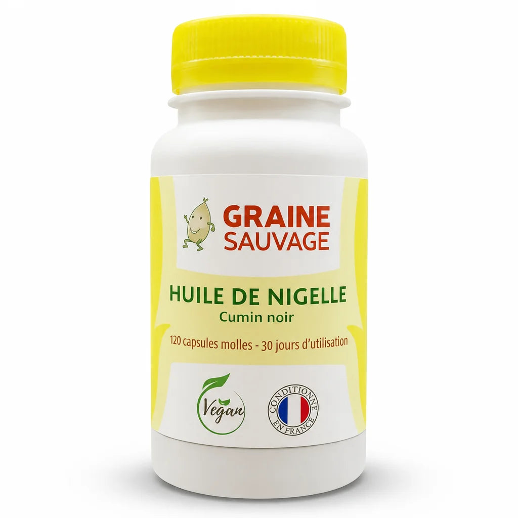 Bouteille Huile de Nigelle 120 capsules Graine Sauvage avec bouchon jaune sur fond blanc