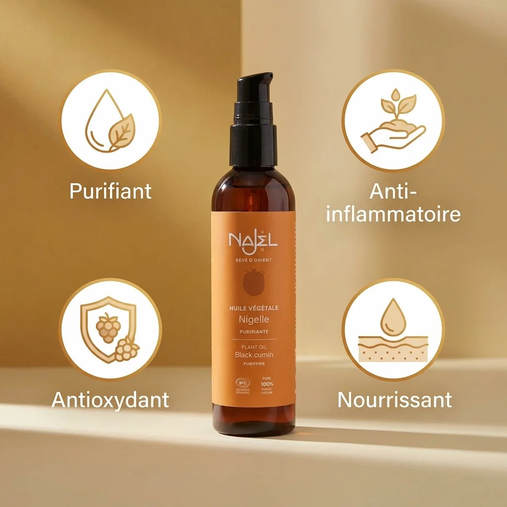 Huile de Nigelle Bio Najel 125ml avec ses bénéfices : purifiant, anti-inflammatoire, antioxydant, nourrissant