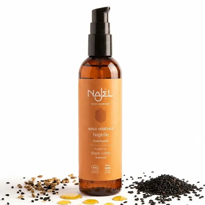 Huile de Nigelle Bio Najel 125ml avec graines de nigelle et gouttes dorées