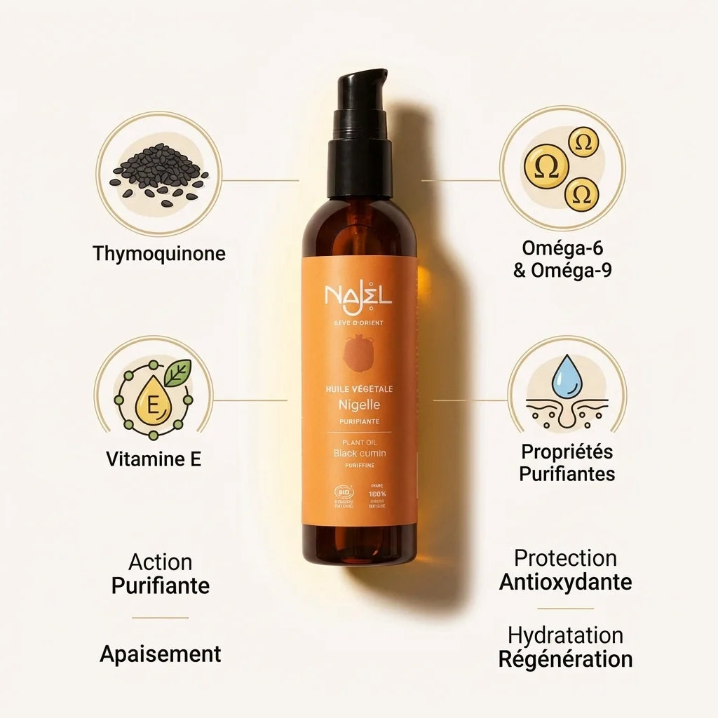 Huile de Nigelle Bio Najel 125ml avec ingrédients actifs et propriétés purifiantes