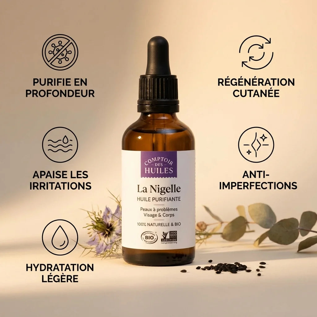 Huile de Nigelle Bio 50ml Comptoir des Huiles avec infographie des 5 bénéfices purifiants