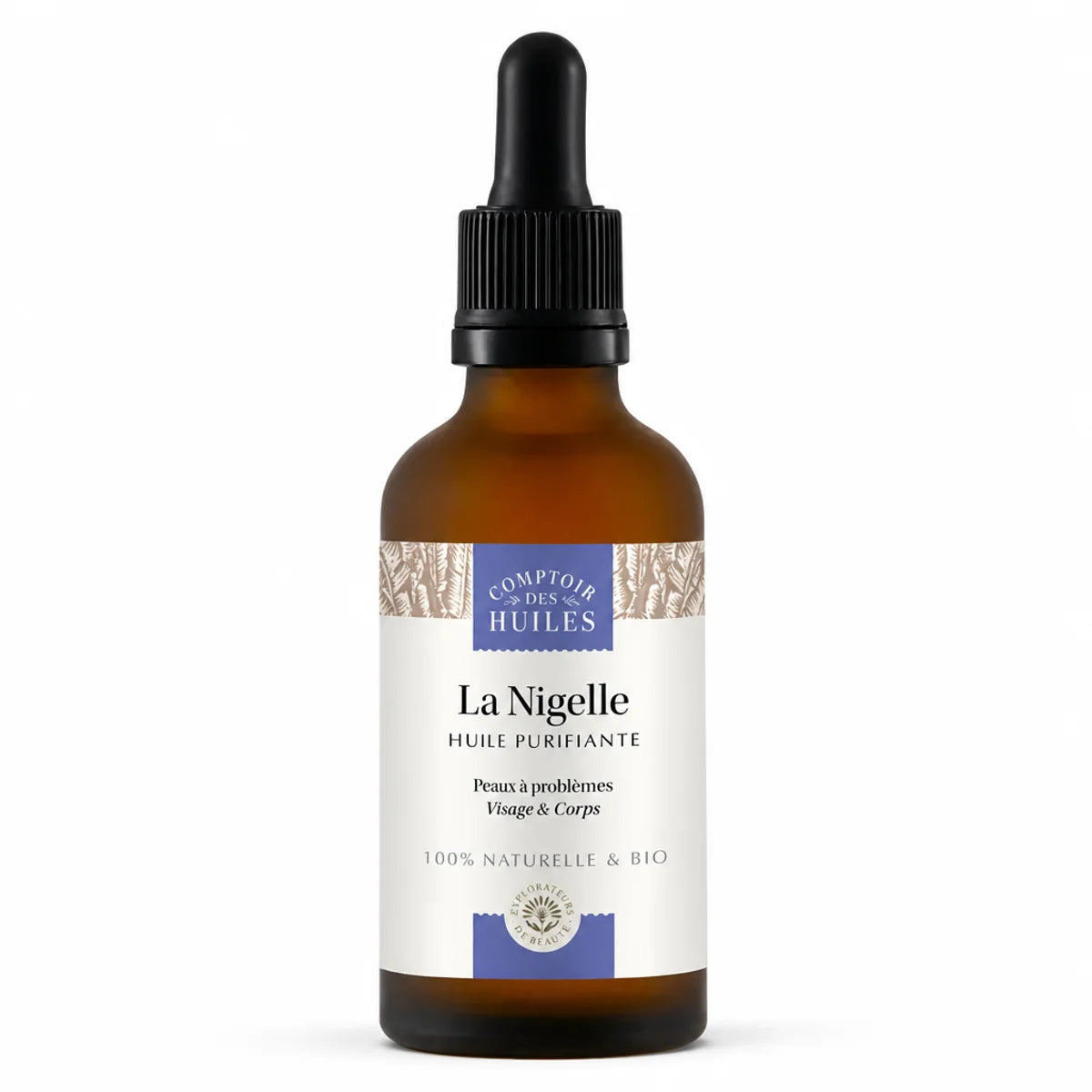 Flacon d'huile de nigelle bio 50ml Comptoir des huiles avec pipette, sur fond blanc