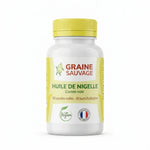 Flacon Huile de Nigelle 120 capsules molles Graine Sauvage avec étiquette orange, bouchon jaune sur fond blanc