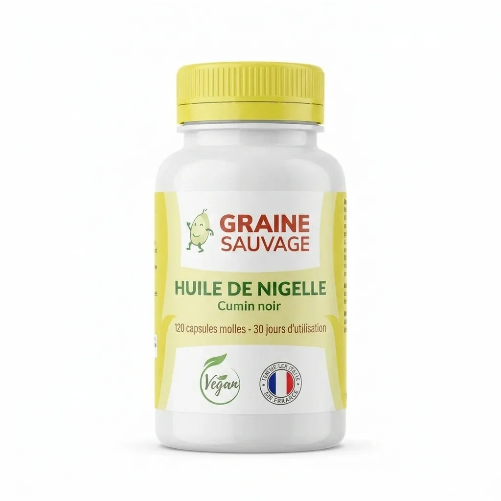 Flacon Huile de Nigelle 120 capsules molles Graine Sauvage avec étiquette orange, bouchon jaune sur fond blanc