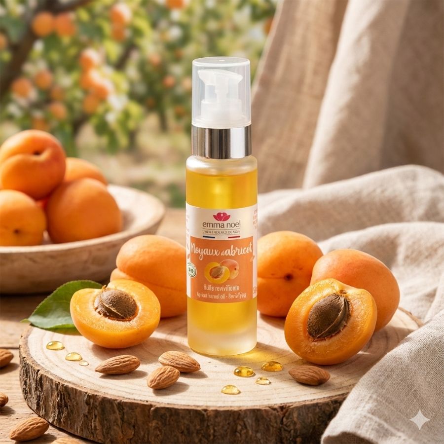 Huile de noyaux d'abricot dans une ambiance provencale avec des abricots et des amandes posés sur un tronc d'arbre