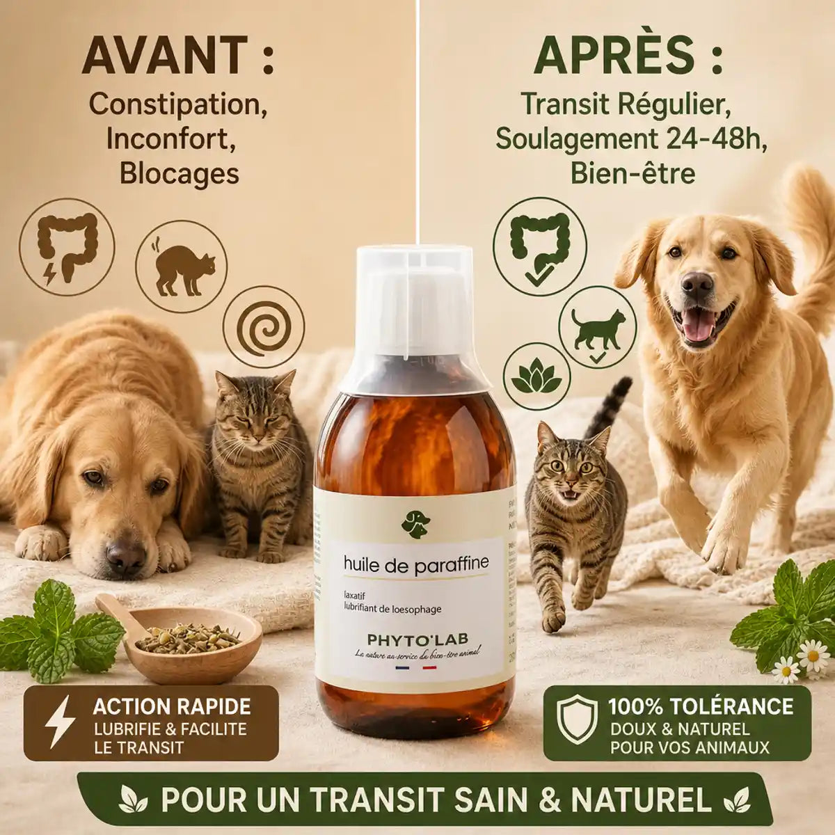 Huile de Paraffine Phyto'Lab 250ml avant/après constipation chien chat soulagement transit