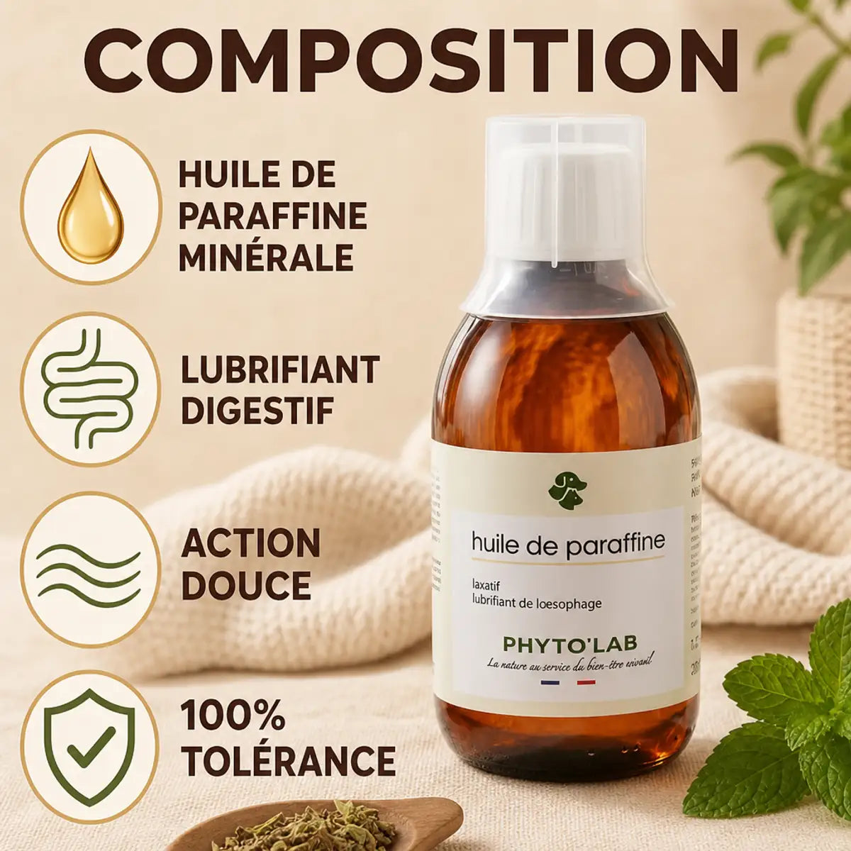 Huile de Paraffine 250ml Phyto'Lab pour constipation chien chat, composition et utilisation