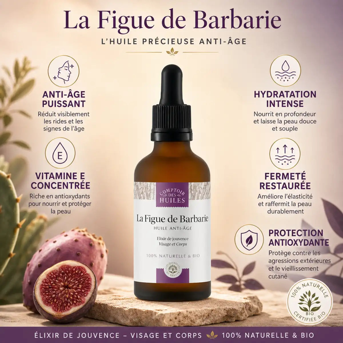Huile de pépin de figue de barbarie bio 50ml - flacon ambré avec bénéfices anti-âge et vitamine E