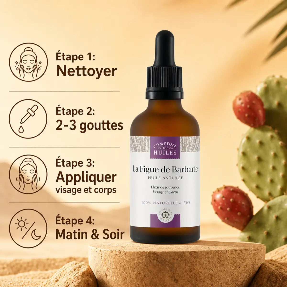 Huile pépin figue de barbarie bio Comptoir des Huiles 50ml avec guide utilisation anti-âge