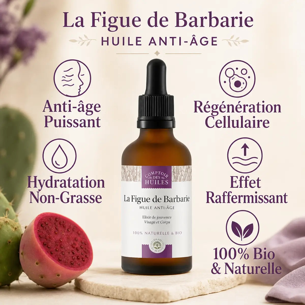 Huile de pépins de figue de barbarie bio 30ml anti-âge, hydratation et régénération cellulaire naturelle