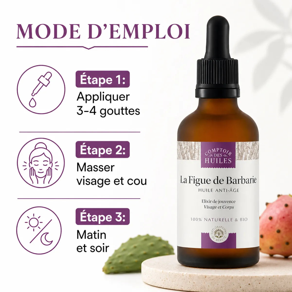 Huile de Pépins de Figue de Barbarie Bio 30ml avec mode d'emploi anti-âge visage et cou