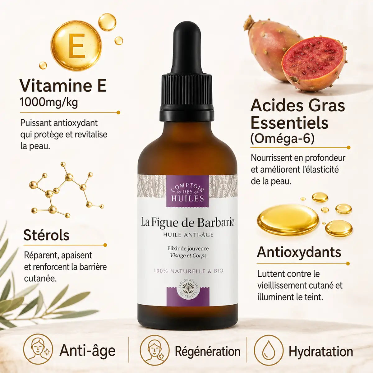 Huile de pépins de figue de barbarie bio 30ml anti-âge vitamine E acides gras essentiels