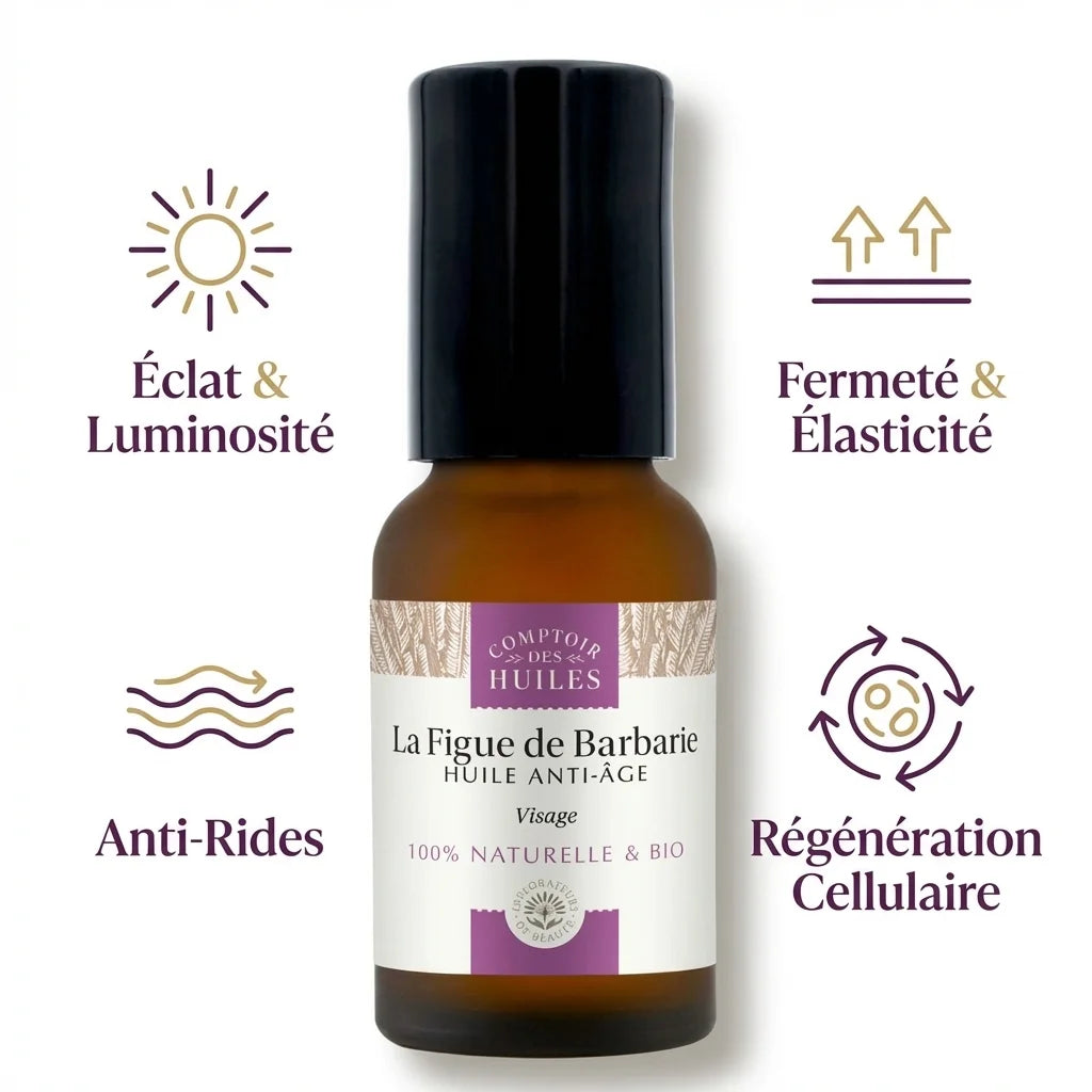 Huile de pépins de figue de barbarie bio roll-on anti-âge dans flacon ambré avec bénéfices