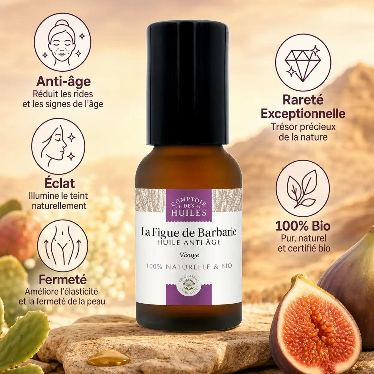 Huile de pépins de figue de barbarie bio roll-on anti-âge 15ml avec bénéfices peau