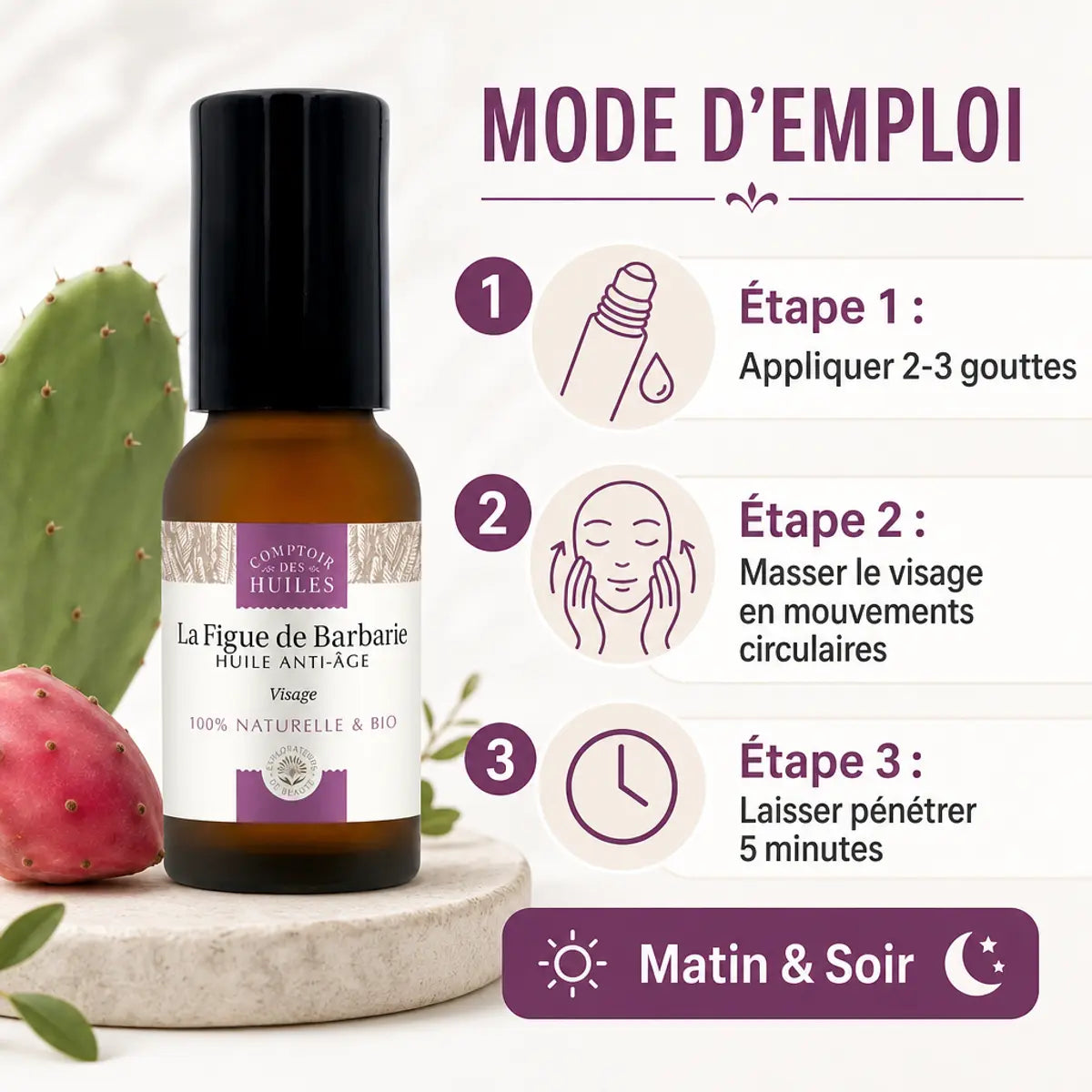 Huile pépins figue de Barbarie bio roll-on 15ml avec mode d'emploi anti-âge Comptoir des huiles