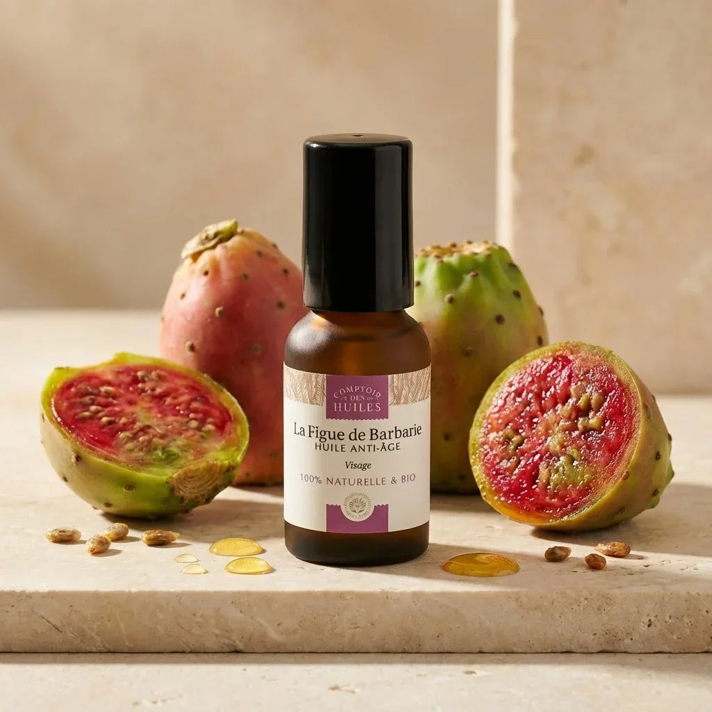 Huile de Pépins de Figue de Barbarie Bio Roll-on 15ml avec fruits frais et gouttes dorées