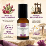Huile pépins figue de barbarie bio roll-on anti-âge 15ml Comptoir des Huiles avec infographie ingrédients