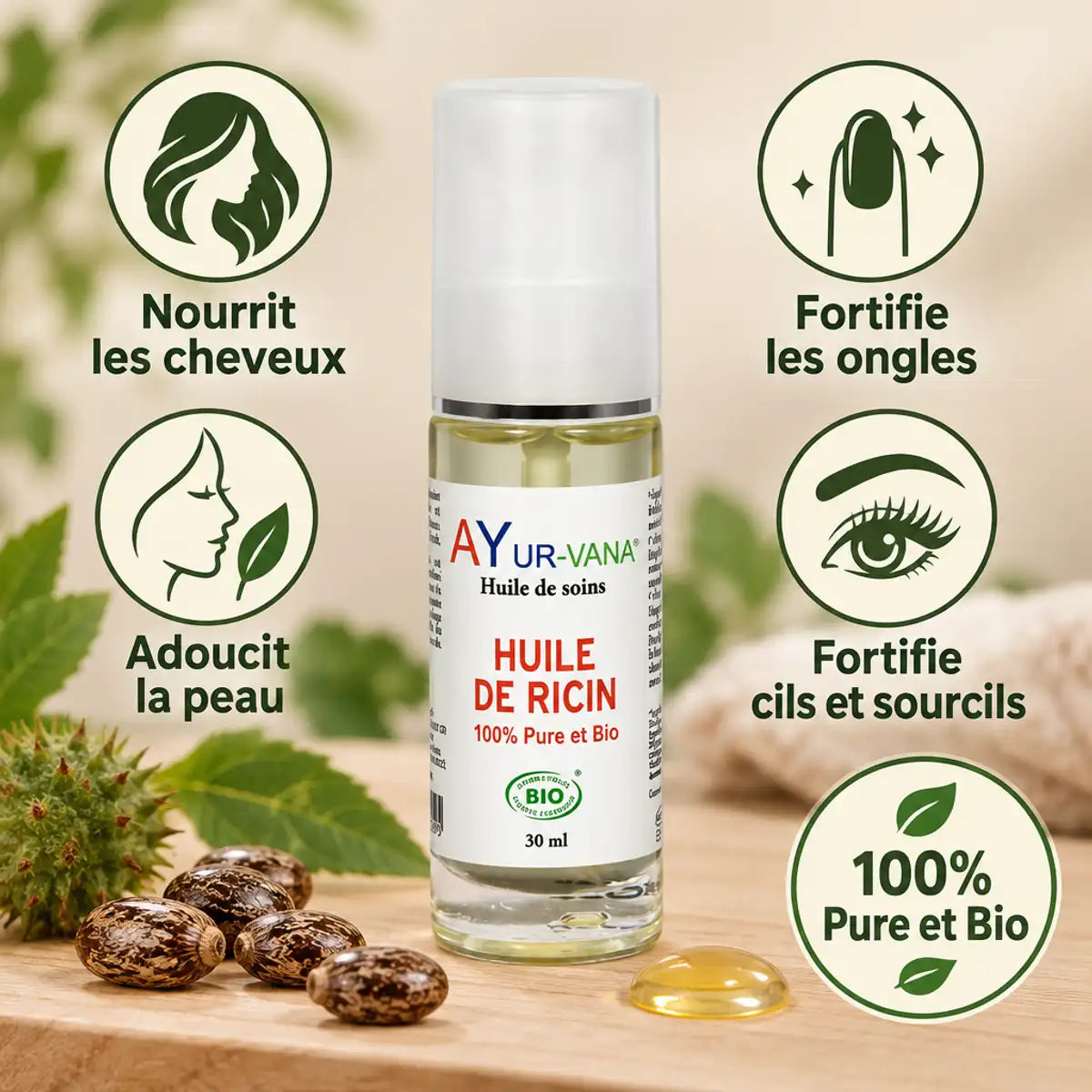 Huile de ricin bio Ayur-Vana 30 ml avec pompe, graines de ricin et bienfaits pour cheveux, ongles, peau et cils