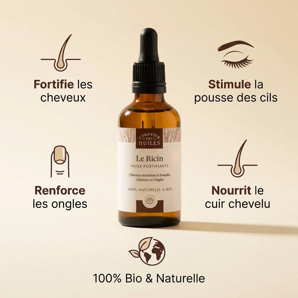 Huile de Ricin Bio 50ml Comptoir des Huiles avec 5 bénéfices : cheveux, cils, ongles, cuir chevelu