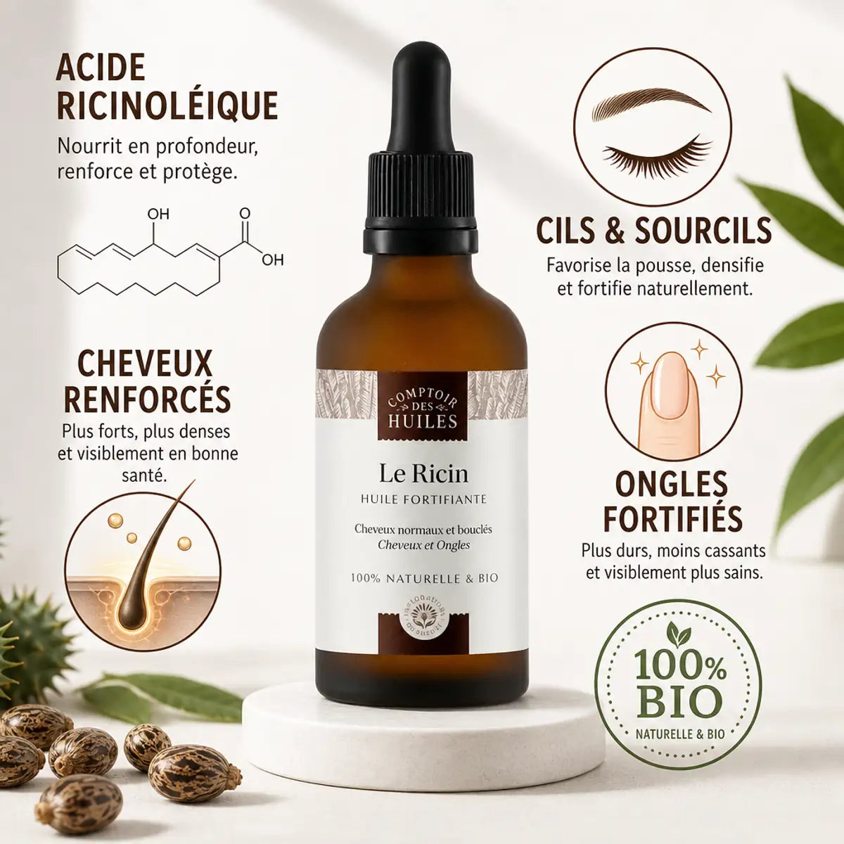 Huile de ricin bio 50ml Comptoir des Huiles avec infographie bénéfices cheveux ongles cils