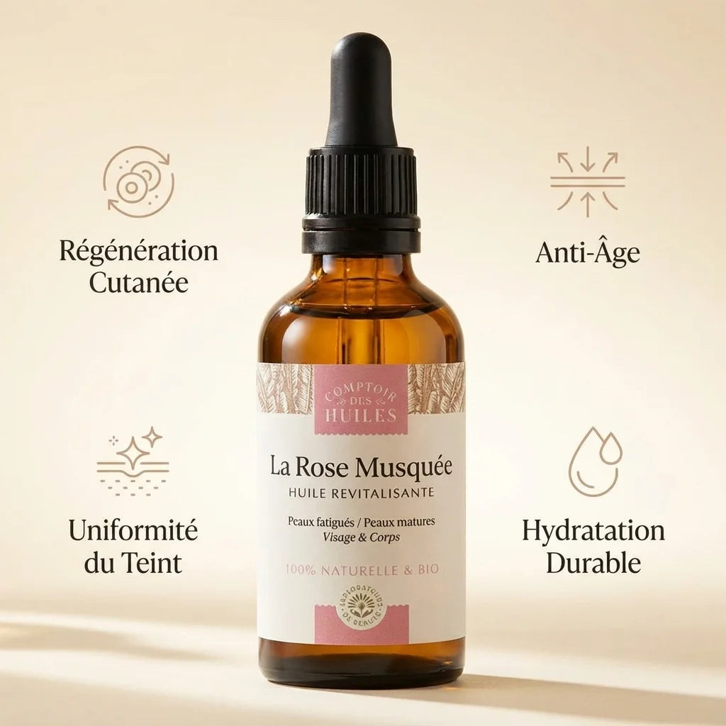 Huile de Rose Musquée Bio 50ml Comptoir des Huiles avec bénéfices anti-âge et régénération cutanée