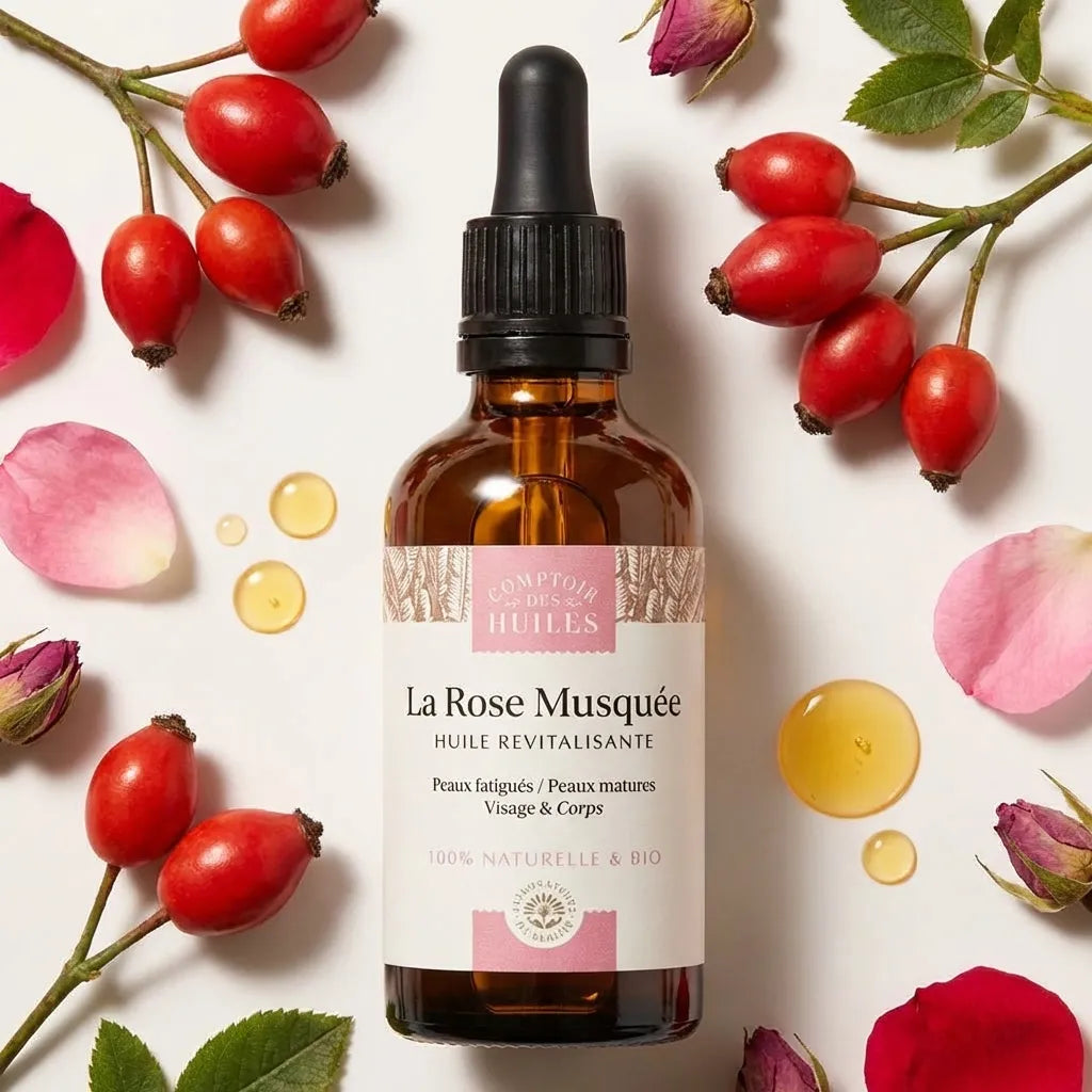 Huile de Rose Musquée Bio 50ml Comptoir des Huiles avec fruits et pétales biologiques