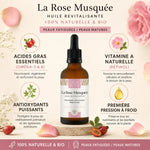 Huile de Rose Musquée Bio 50ml Comptoir des Huiles avec ingrédients actifs et infographie botanique