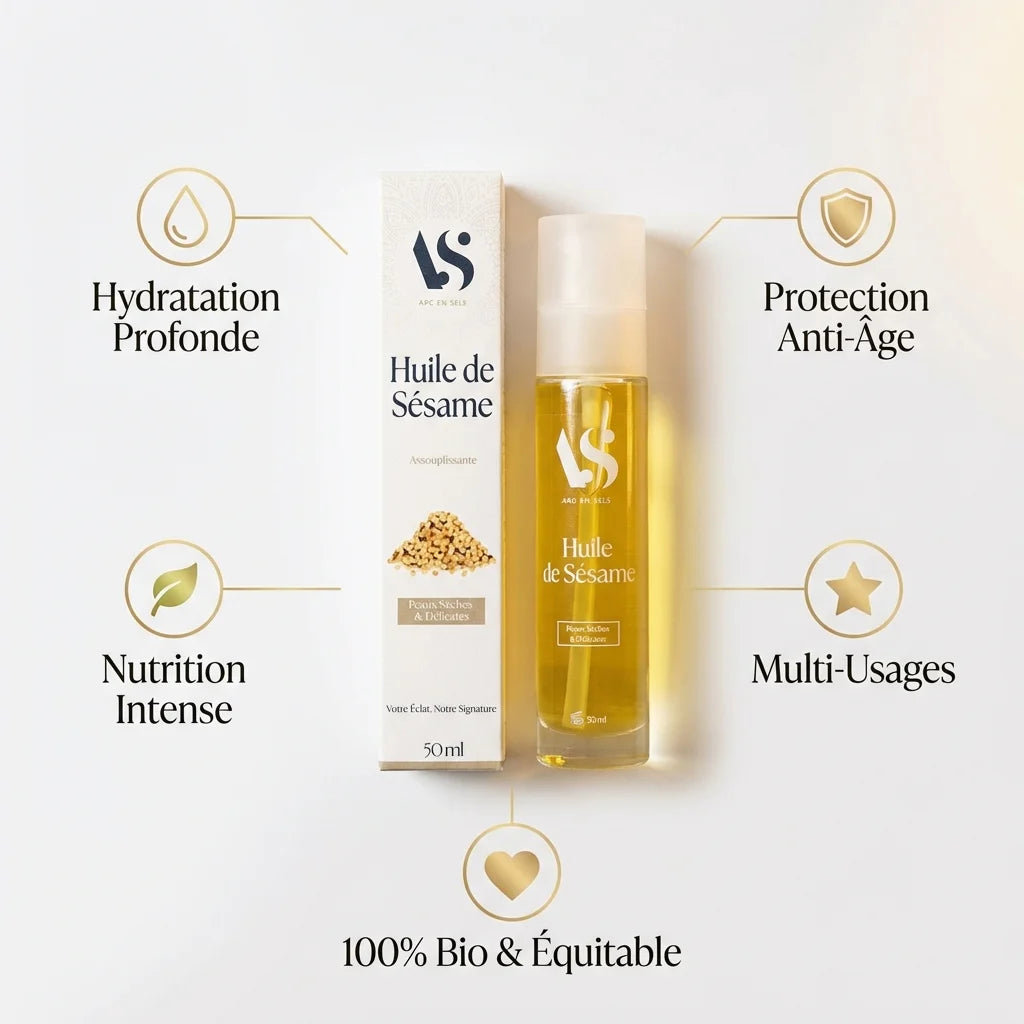 Huile de sésame Arc en Sels 50ml avec bénéfices : hydratation, anti-âge, nutrition bio équitable