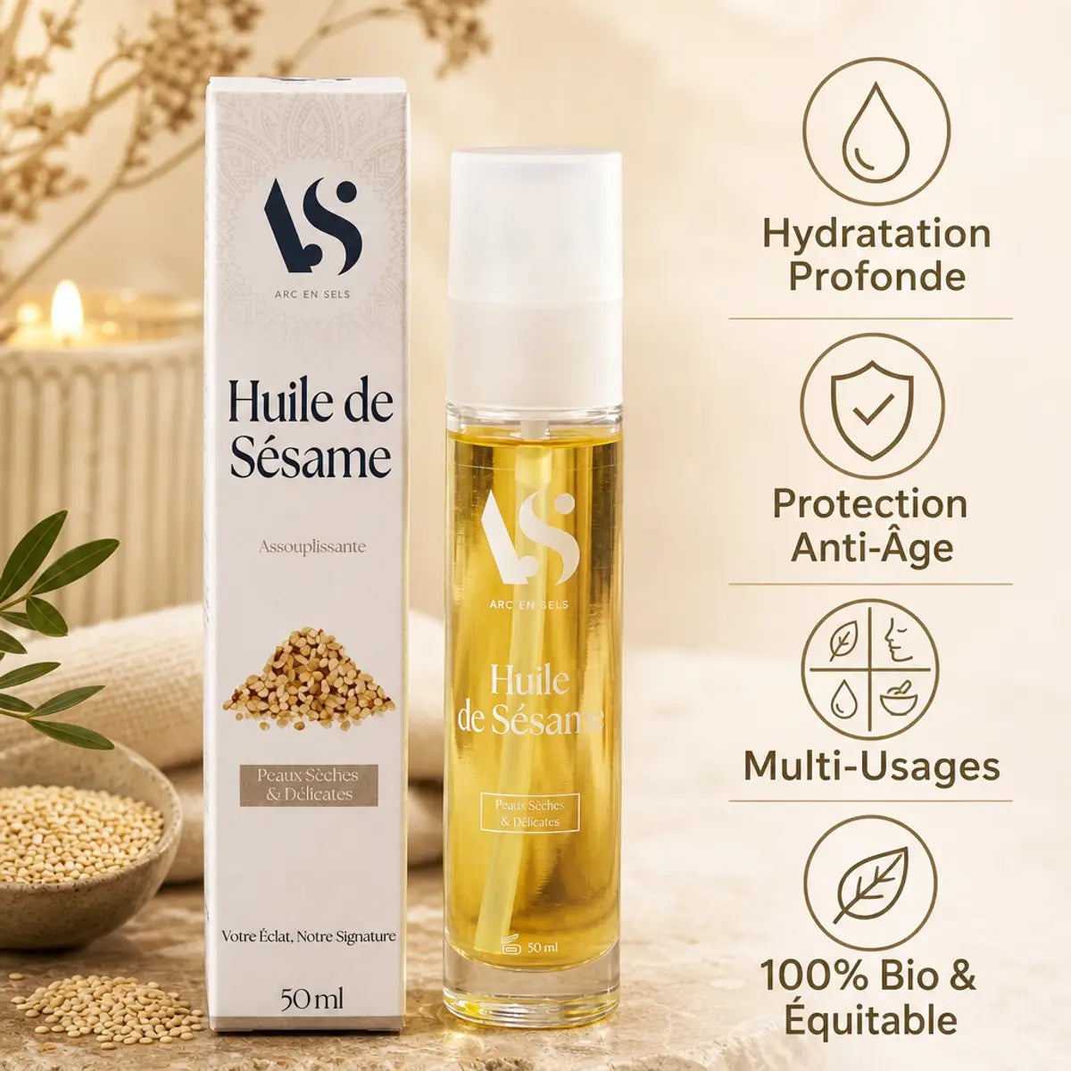 Huile de sésame Arc en Sels 50ml avec bénéfices hydratation, anti-âge et bio équitable