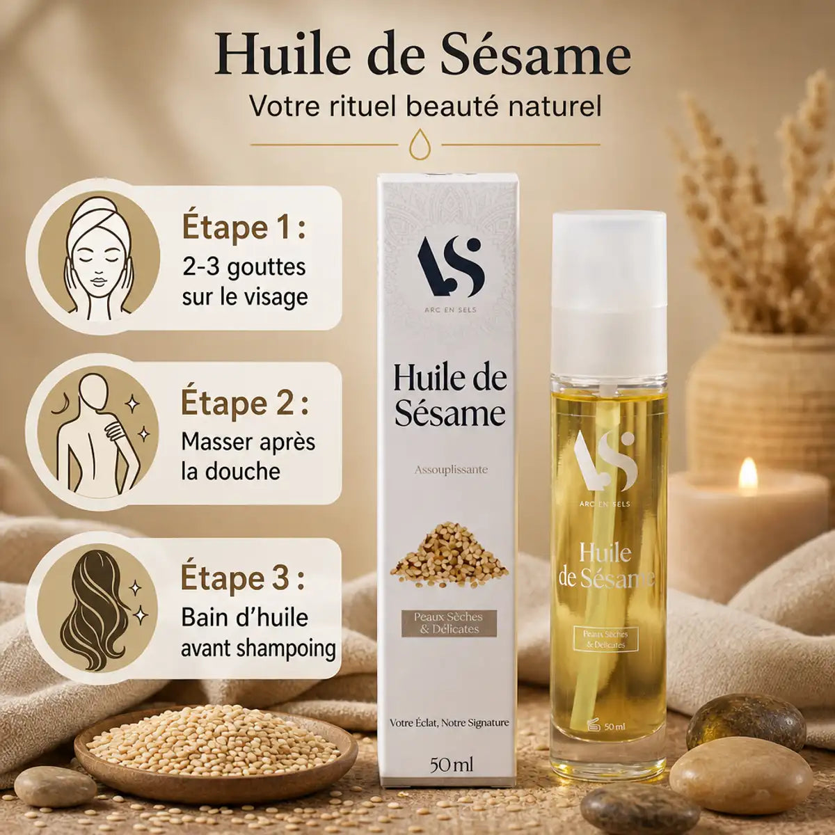 Huile de sésame Arc en Sels 50ml avec guide d'application visage, corps et cheveux