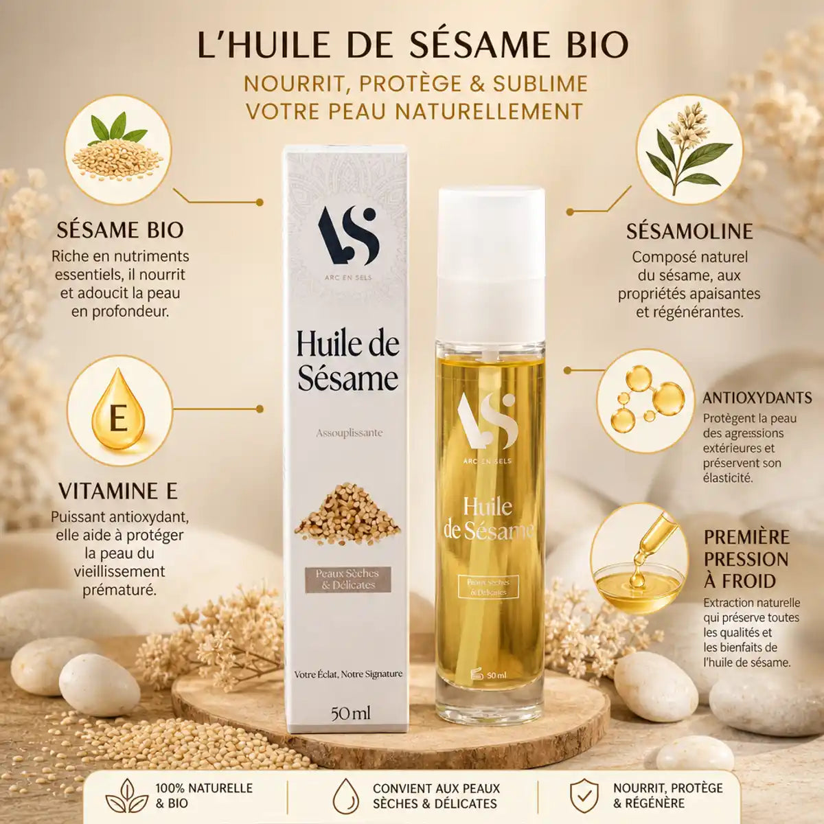 Huile de sésame bio Arc en Sels 50ml avec ingrédients naturels et vitamine E