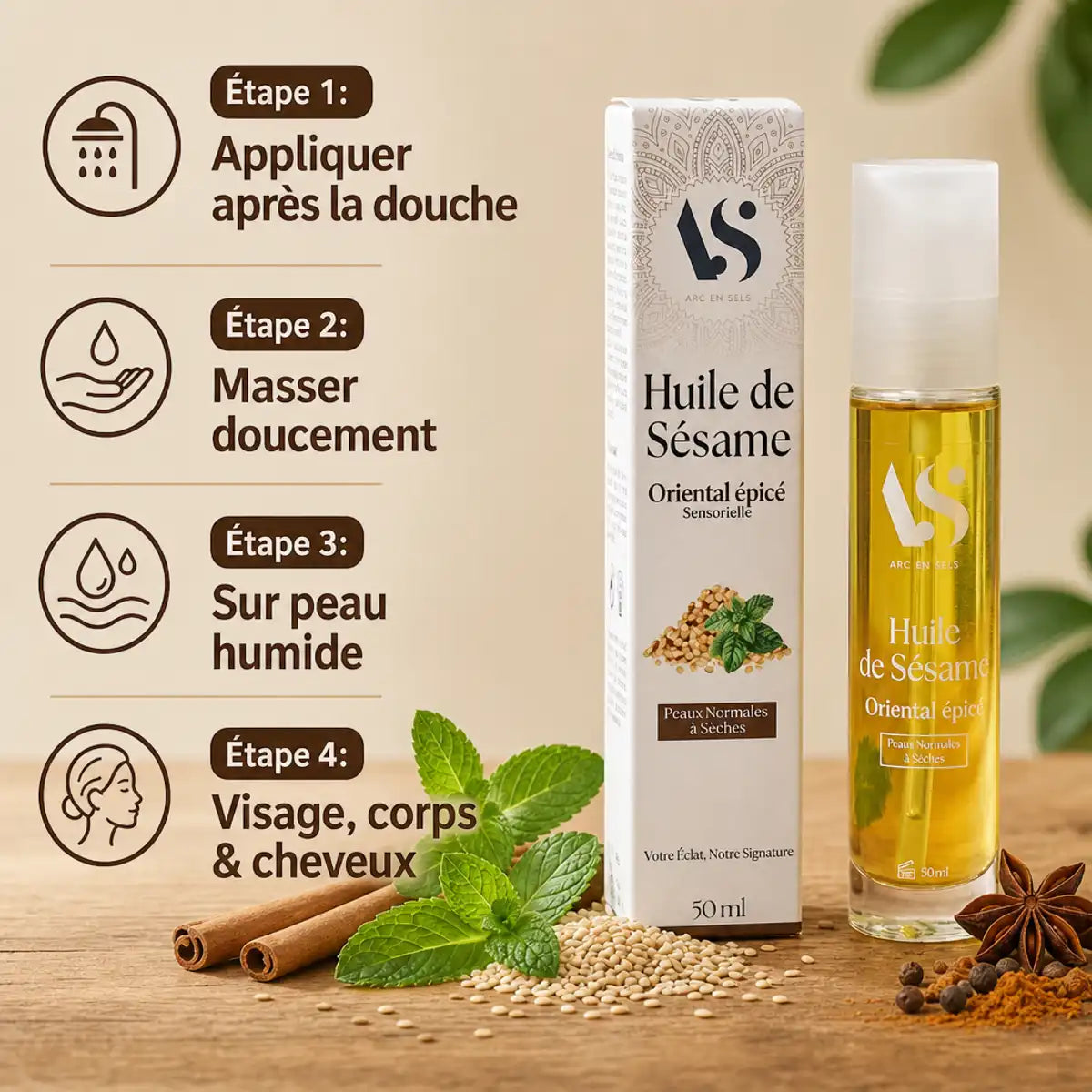 Huile de Sésame Oriental épicé bio 50ml Arc en Sels avec étapes d'application et ingrédients naturels