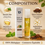 Huile de sésame bio orientale épicée Arc en Sels 50ml avec ingrédients naturels sur fond bois